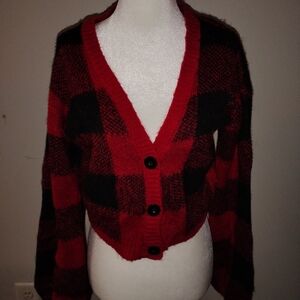 wild fable Red and Black Buffalo Plaid Cropped Cardigan